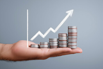 A hand holds stacked coins arranged in ascending order with a white upward arrow, symbolizing financial growth and investment success.