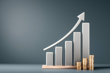 A 3D bar graph with an upward arrow and stacks of coins indicating financial growth and increasing profits.