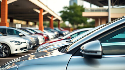 Obraz premium Rows of Parked Cars in Open-Air Lot with Metal Roof Frames and City Building Background
