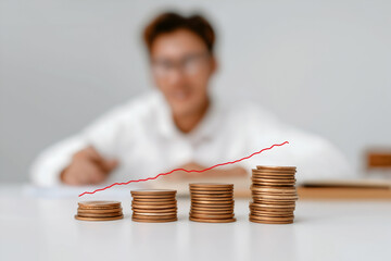 Stacked coins in ascending order with a red growth line and a blurred person in the background symbolizing financial growth or investment success.