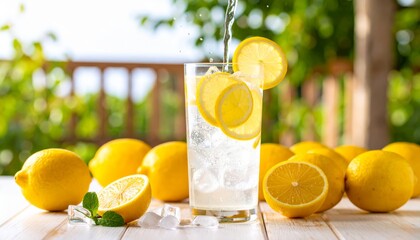 Fresh citrus lemonade with ice and fruit slices in a glass