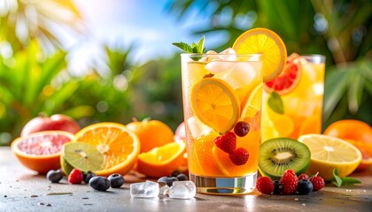 A vibrant, healthy tropical fruit cocktail, with fresh orange juice and sweet pineapple, is ready to drink on the beach