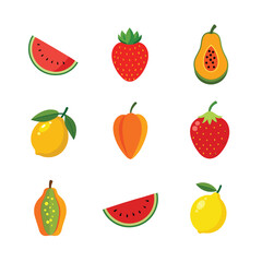 A colorful collection of fruits and vegetables in flat design on white background