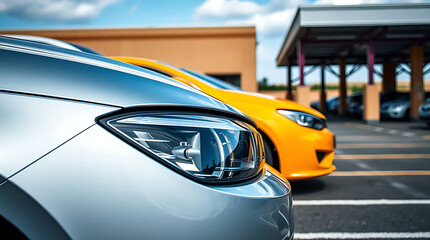 Sleek Silver Car Headlight Detail Next to a Vibrant Yellow Vehicle in Parking Lot