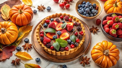 Fototapeta premium Autumn Harvest Tart with Berries and Pumpkins A Delicious Fall Dessert