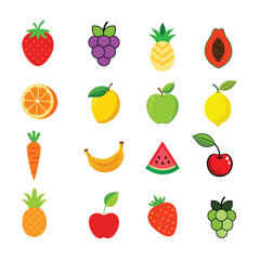 A colorful collection of fruits and vegetables in flat design on white background