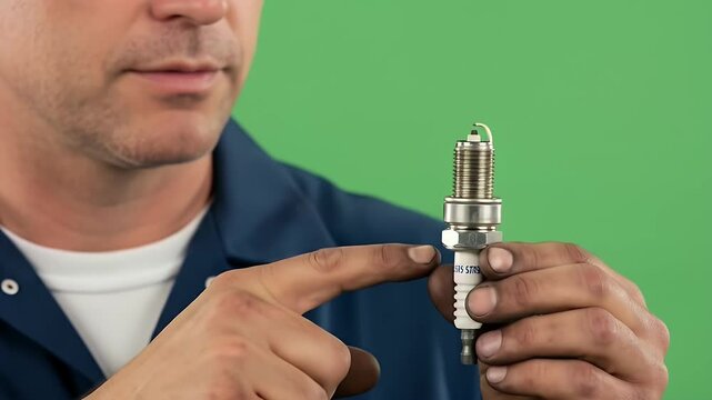 Person holding spark plug for automotive repair instructional video