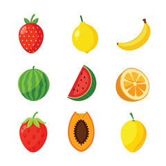 A colorful collection of fruits and vegetables in flat design on white background