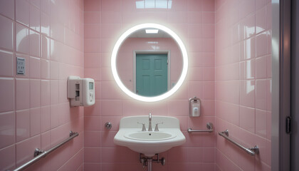 Fototapeta premium Circular mirror over sink in pink restroom at hospital