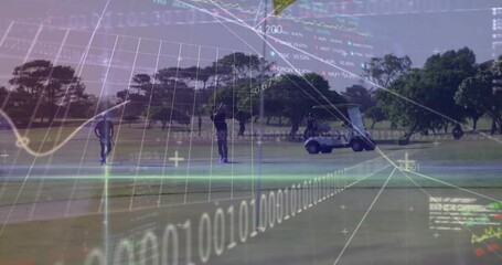 Checking alignment, two golfers making putt on green animating finance graphs visualizing data - Powered by Adobe