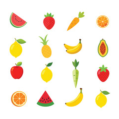 A colorful collection of fruits and vegetables in flat design on white background