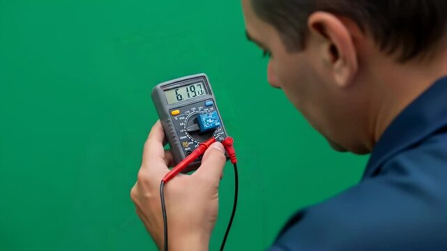 Person using a digital multimeter to test electronics electrical testing close up technical equipment for measurement