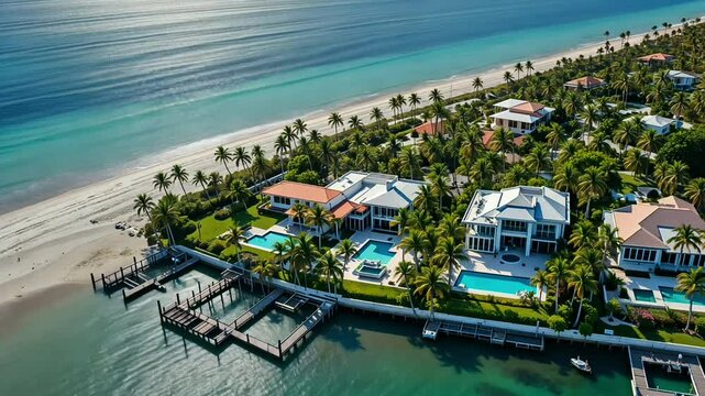 Luxury real estate aerial tour: beachfront mansions, pools, and docks in tropical paradise views 4k video