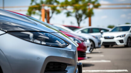 Obraz premium A Row of Cars Parked Under a Sunny Blue Sky in an Outdoor Parking Area