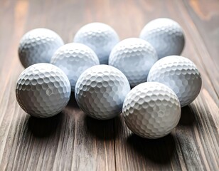 A group of white golf balls neatly arranged on a smooth surface with soft lighting and shadows.