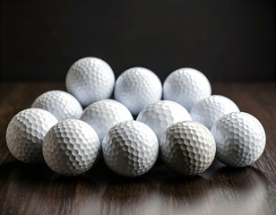 A group of white golf balls neatly arranged on a smooth surface with soft lighting and shadows.