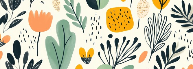 Delicate hand-painted foliage with abstract floral elements showcasing vivid colors and intricate details