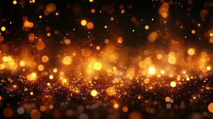 Fototapeta premium Golden glitter bokeh lights, dark background, festive banner