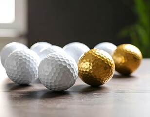 A group of white golf balls neatly arranged on a smooth surface with soft lighting and shadows.