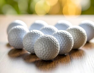A group of white golf balls neatly arranged on a smooth surface with soft lighting and shadows.