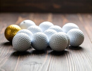 A group of white golf balls neatly arranged on a smooth surface with soft lighting and shadows.