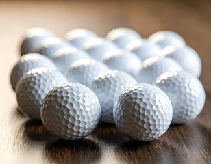 A group of white golf balls neatly arranged on a smooth surface with soft lighting and shadows.