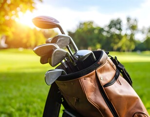 Modern golf clubs in a leather bag on a green field, captured under warm sunlight in close-up view.