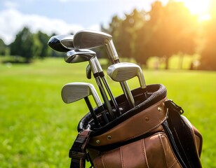 Modern golf clubs in a leather bag on a green field, captured under warm sunlight in close-up view.