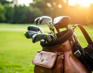 Modern golf clubs in a leather bag on a green field, captured under warm sunlight in close-up view.