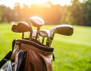 Modern golf clubs in a leather bag on a green field, captured under warm sunlight in close-up view.