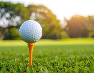 A white golf ball on a wooden tee, standing on green grass under bright sunlight at a golf course.