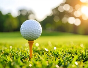 A white golf ball on a wooden tee, standing on green grass under bright sunlight at a golf course.