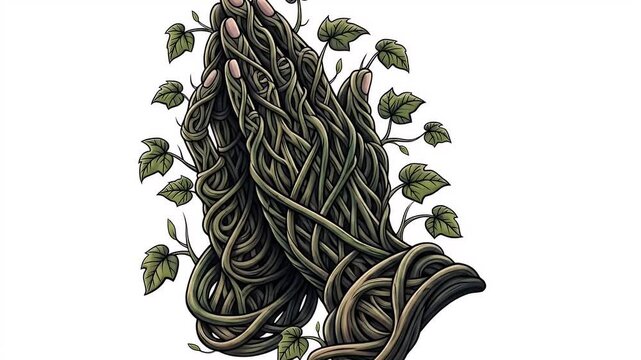 Prayerful hands transformed into intricate roots and vines artwork detailed nature symbolism illustration