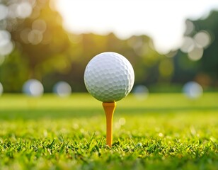 A white golf ball on a wooden tee, standing on green grass under bright sunlight at a golf course.