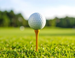 A white golf ball on a wooden tee, standing on green grass under bright sunlight at a golf course.