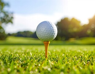 A white golf ball on a wooden tee, standing on green grass under bright sunlight at a golf course.