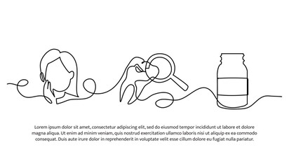 Vector illustration of dental examination on female patients and given medication. Modern flat in continuous line style.