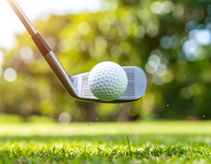A golf ball in mid-air after impact with an iron club, captured in warm sunlight on a grassy field.