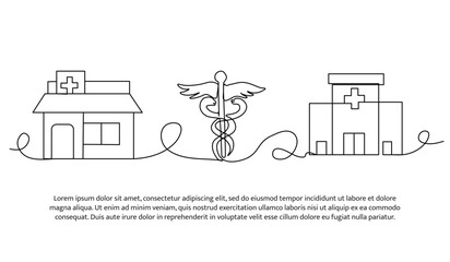 Vector illustration of hospital building with caduceus medicine symbol. Modern flat in continuous line style.