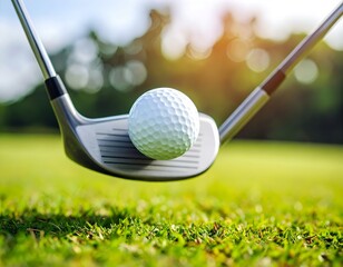 A golf ball in mid-air after impact with an iron club, captured in warm sunlight on a grassy field.