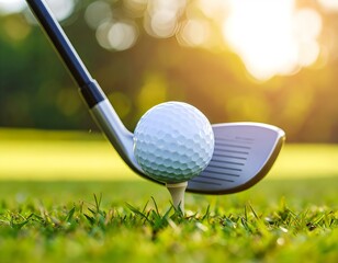 A golf ball in mid-air after impact with an iron club, captured in warm sunlight on a grassy field.