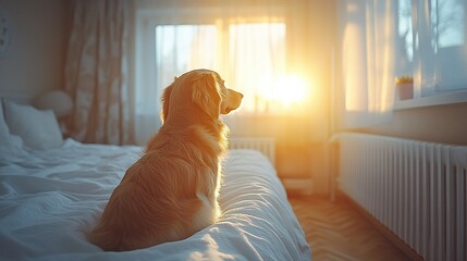 Golden retriever sunset bedroom window calm home