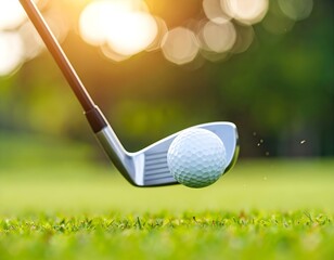 A golf ball in mid-air after impact with an iron club, captured in warm sunlight on a grassy field.