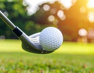 A golf ball in mid-air after impact with an iron club, captured in warm sunlight on a grassy field.