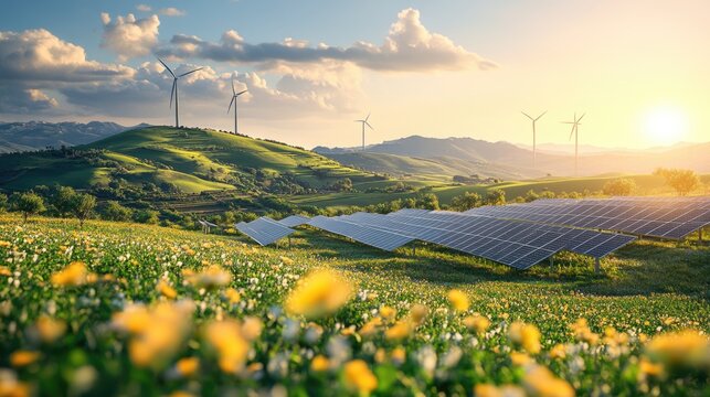 renewable or green power technology for better environment with solar panels and wind turbines at agriculture farm.	
