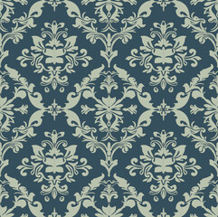 The daemark pattern, rococo style, seamless pattern, blue-and-grey background, green-and-grey flower pattern, used for vector-style tile wallpaper.