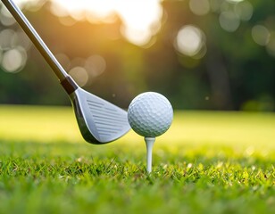 A golf ball in mid-air after impact with an iron club, captured in warm sunlight on a grassy field.