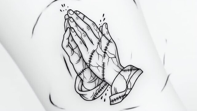 Praying hands tattoo design black and white illustration on a white background