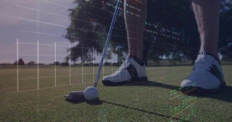 Golfer performing putting stroke while analytics bars and line graphs fading in tracking swing - Powered by Adobe
