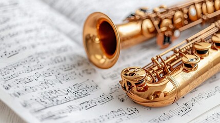 Obraz premium Golden Saxophone rests on sheet music